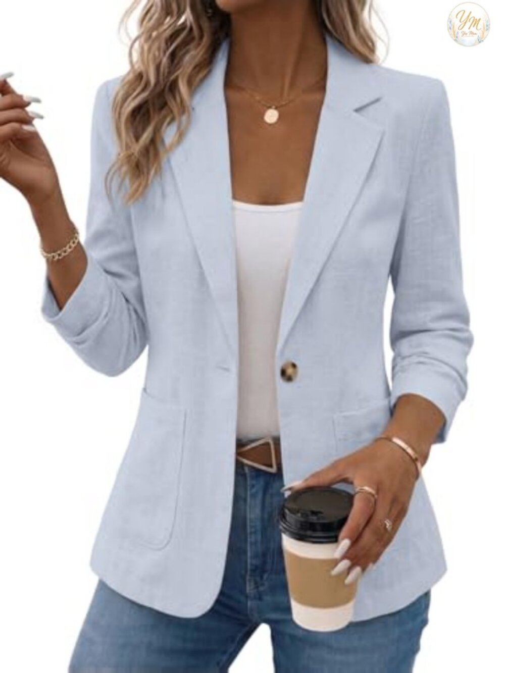 Linen Blend Blazer Women 3/4 Ruched Sleeve Lightweight Business Casual Work